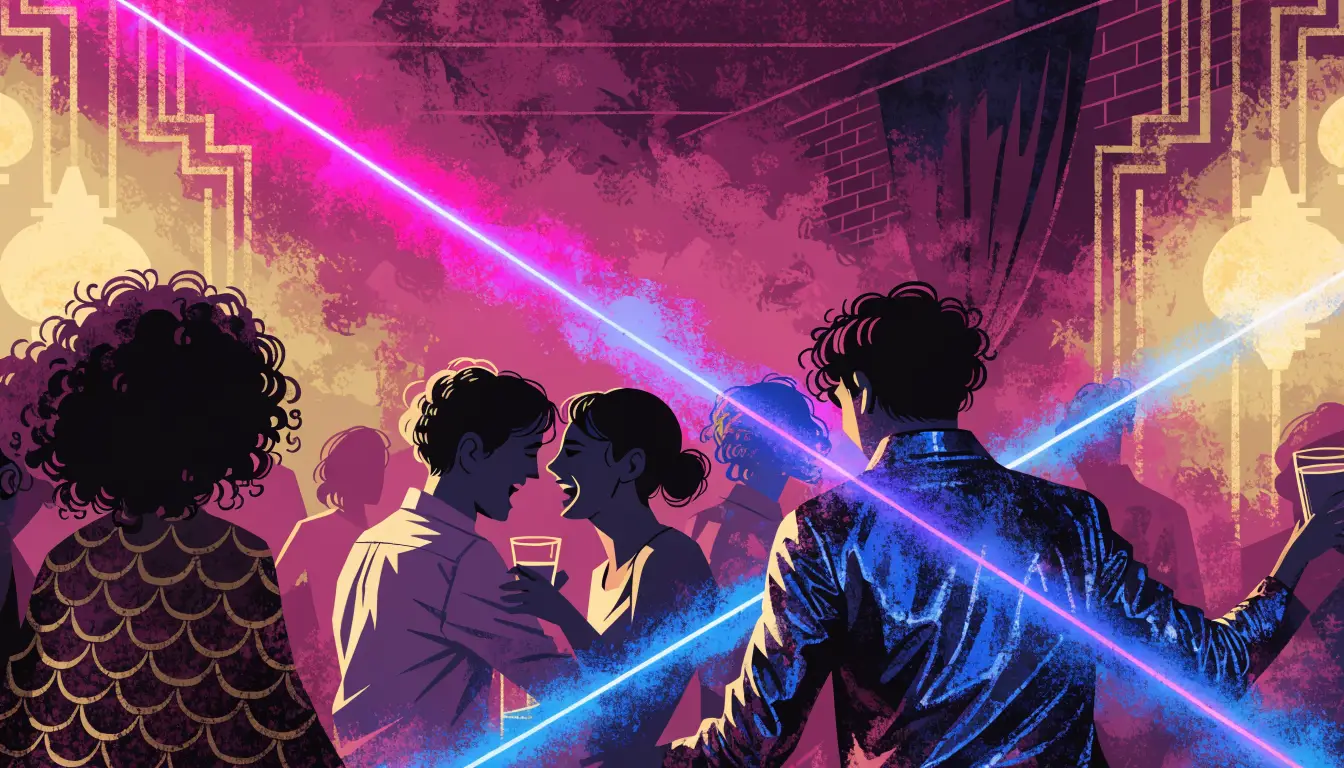 A couple laughing with drinks on the hazy laser-lit dance floor at The Attic After Dark