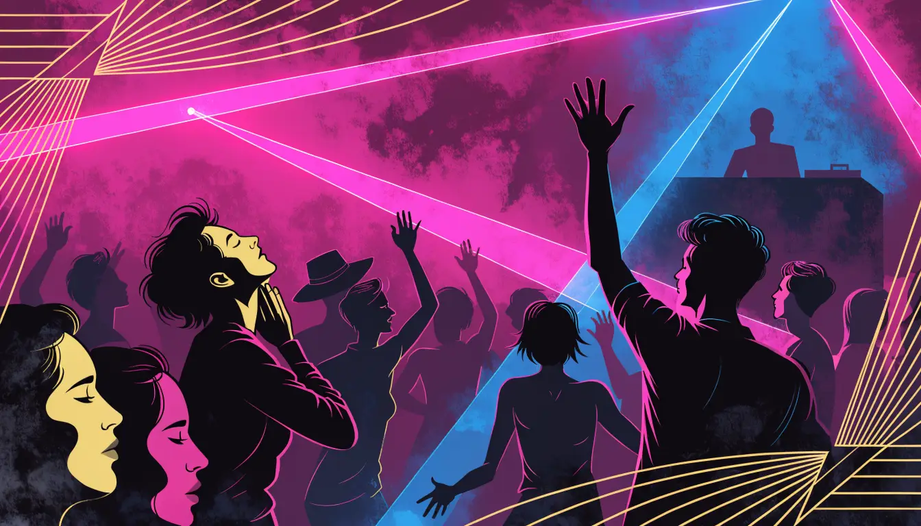 Dancers with hands raised in magenta and blue laser haze at The Attic After Dark