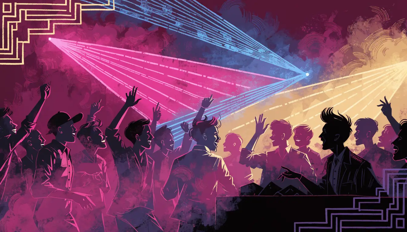 Art deco illustration of a hazy dance floor with laser beams over a young crowd dancing at The Attic After Dark