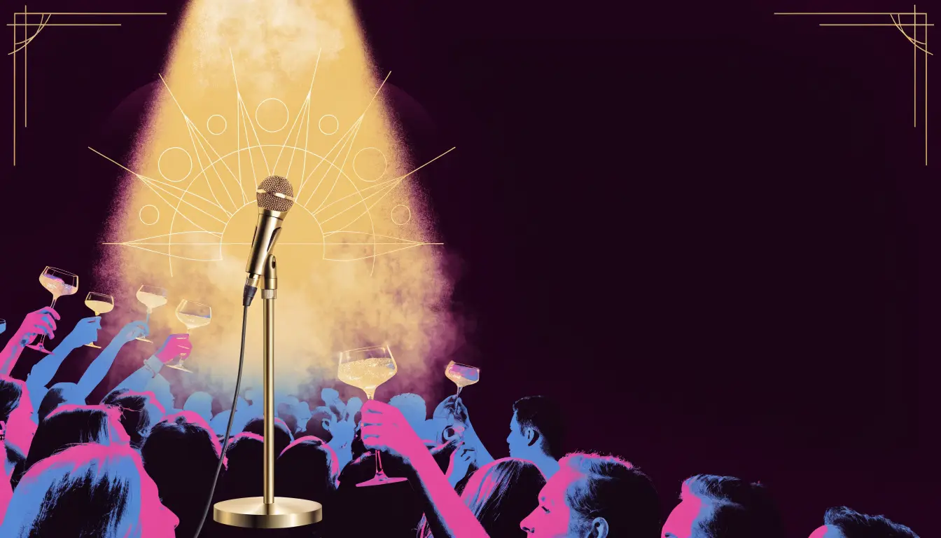 An art deco night at The Attic Comedy Club: a gold microphone in a spotlight over a laughing crowd with cocktails